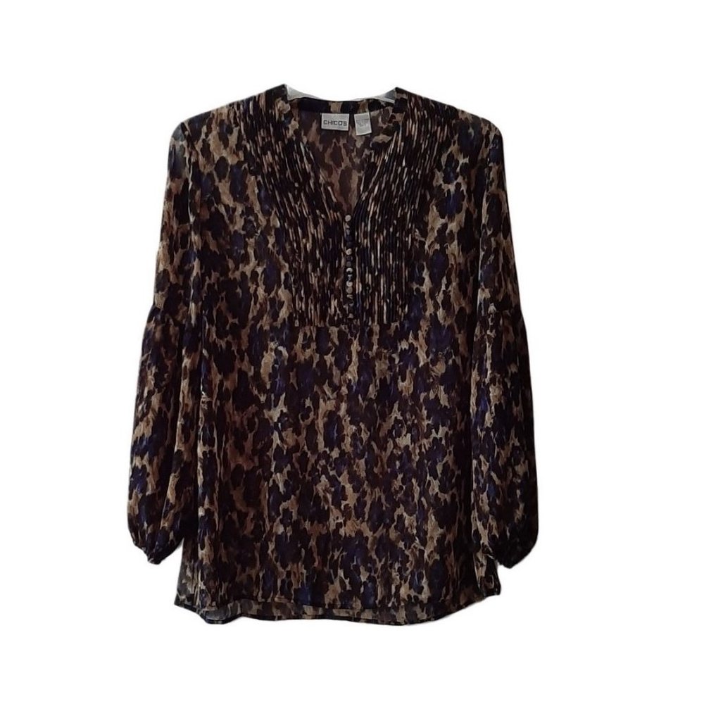 Women Chico's Brown & Blue Leopard Print Blouse- Size 2